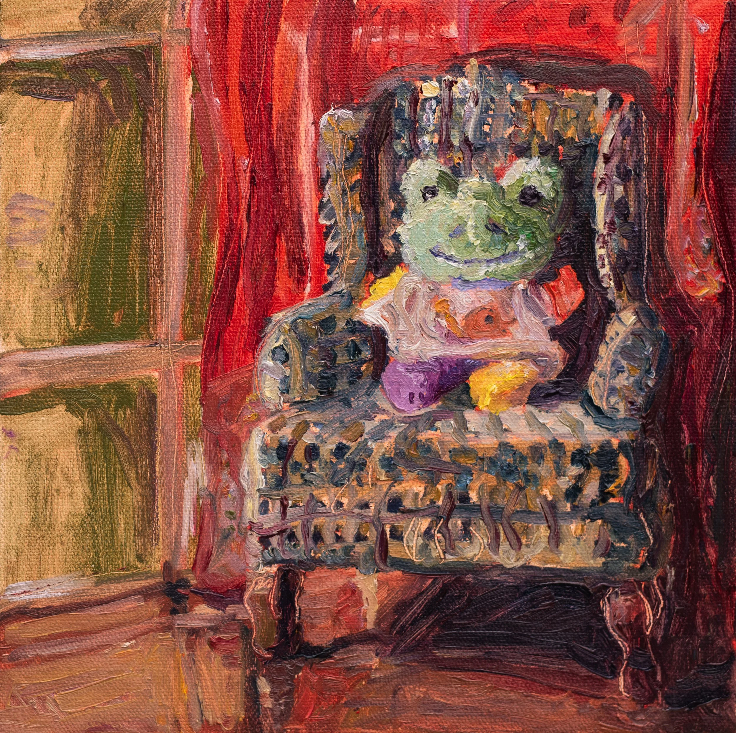 "Stewie In His Chair” 10x10 inches, oil on stretched canvas. 2025.
