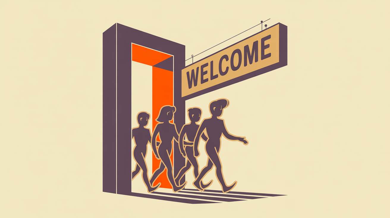 Retro illustration of an open door with new members entering representing membership acquisition strategies