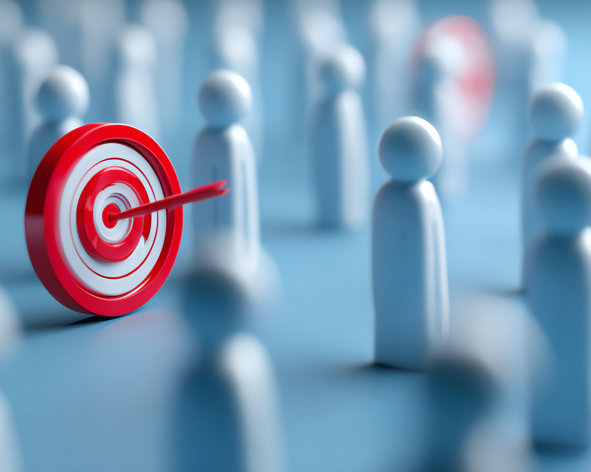A red and white target with an arrow hitting the bullseye, surrounded by white game pieces on a blue surface.