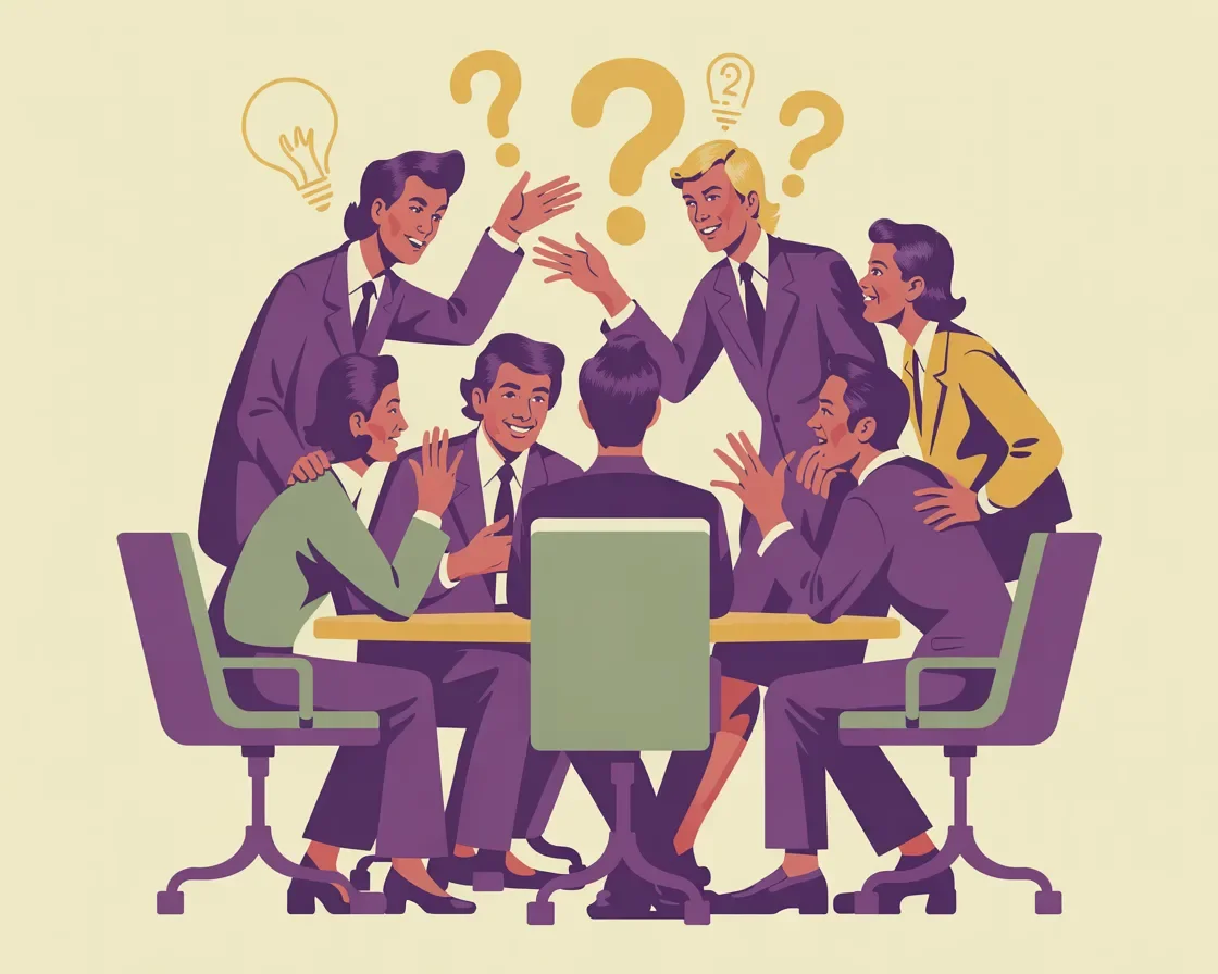 Retro illustration of event planning discovery meeting with diverse team in consultation