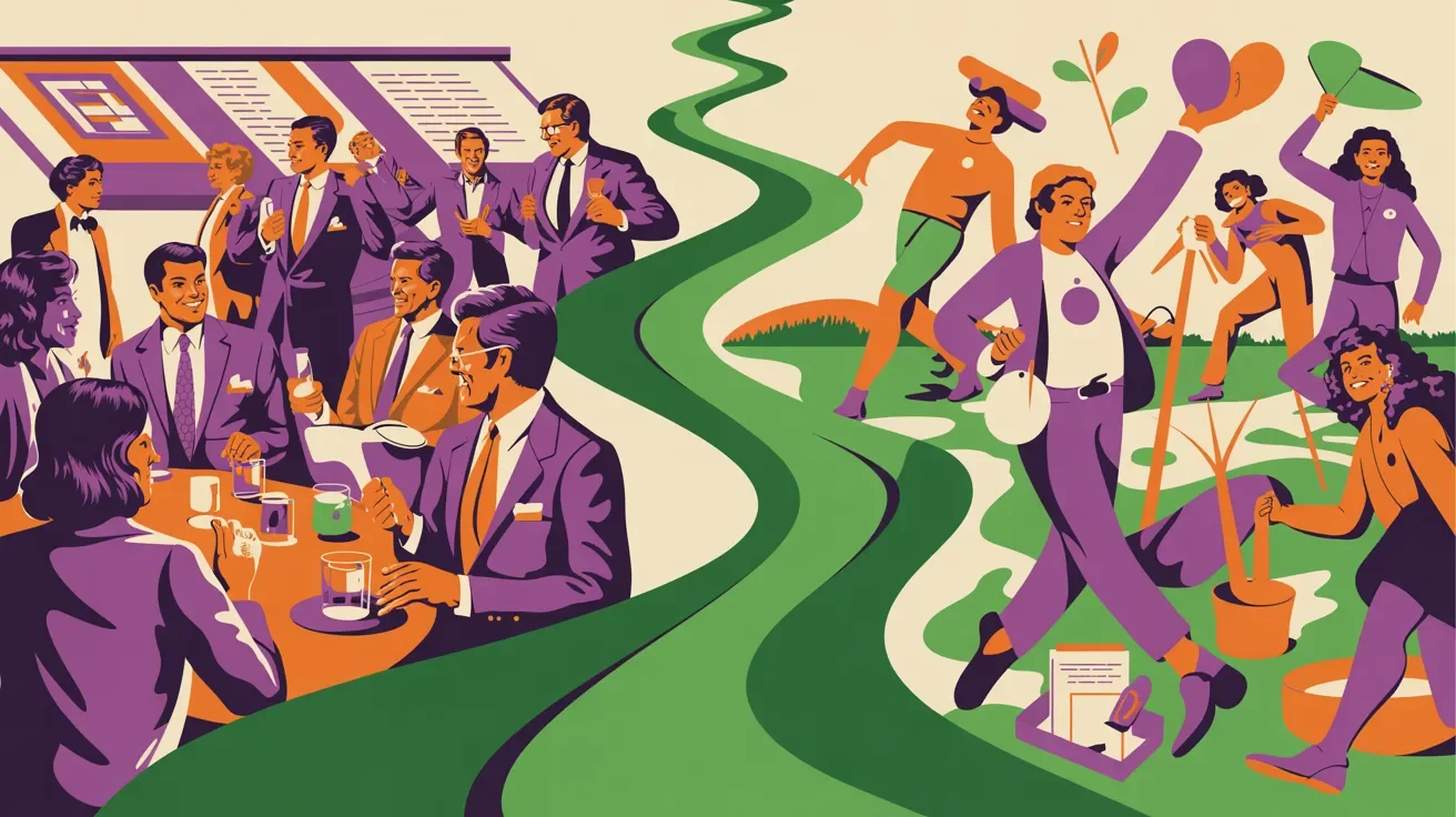 Retro illustration comparing corporate event abundance with creative nonprofit event resourcefulness