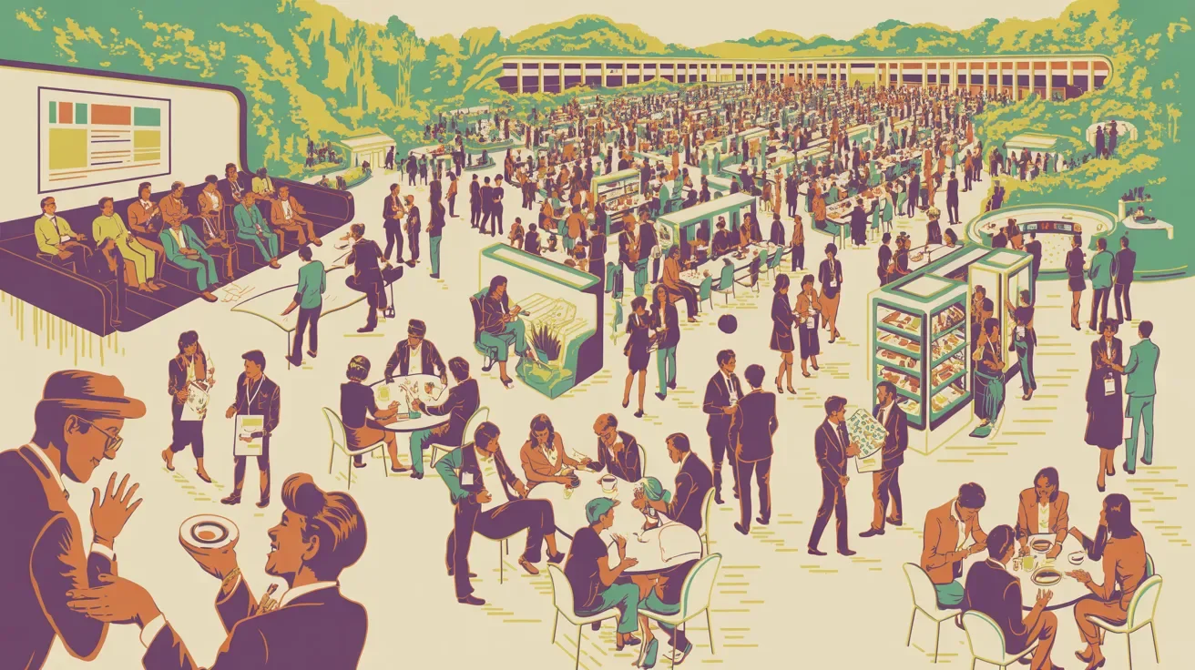 Retro illustration of thriving association annual conference with diverse members at keynote, exhibits, and networking