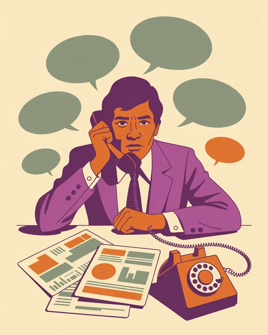 Retro illustration of frustrated business owner dealing with confusing reports and unanswered calls from bad agency