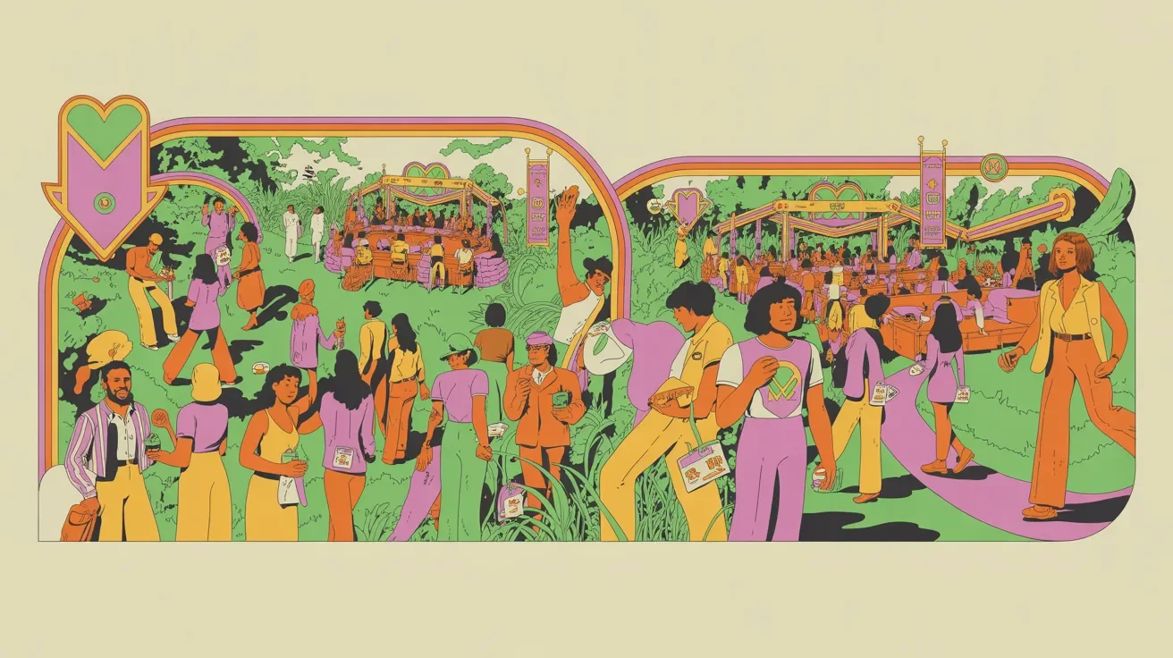 Retro illustration of prospects converting to association members through event experience with welcome