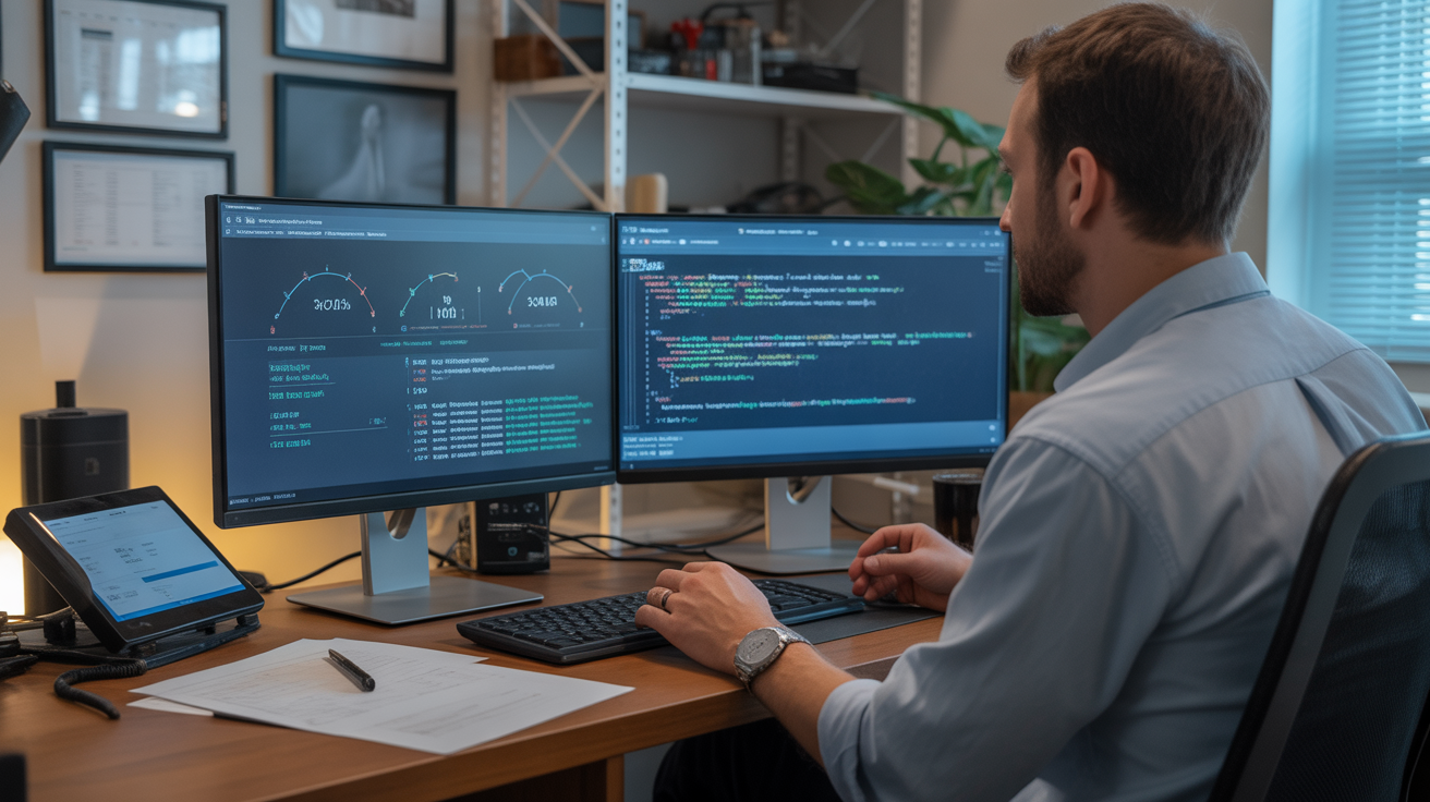 Web developer and contractor analyzing technical SEO performance showing comprehensive website optimization and analytics for construction company digital success