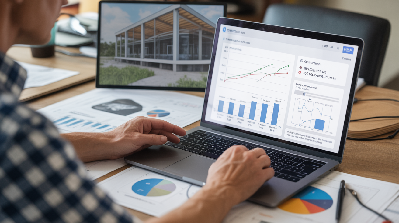 Construction business owner reviewing positive marketing ROI metrics and lead generation analytics showing measurable business growth