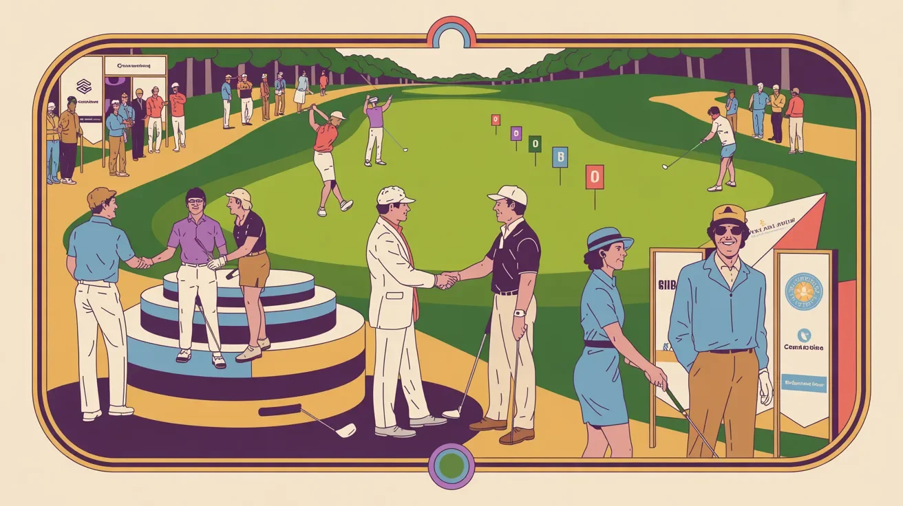 Retro illustration of charity golf tournament sponsorship tiers with diverse sponsors and recognition elements