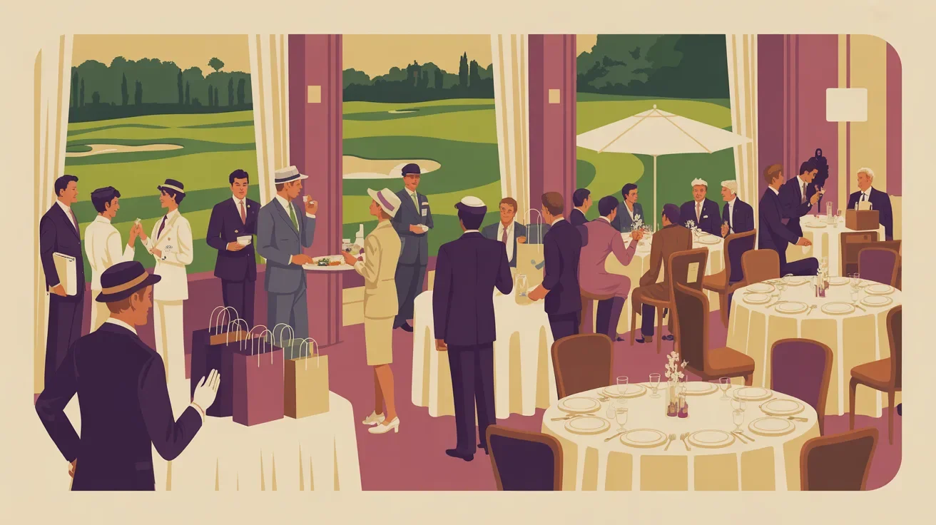 Retro illustration of corporate golf outing premium experience with gifts, networking, and dining
