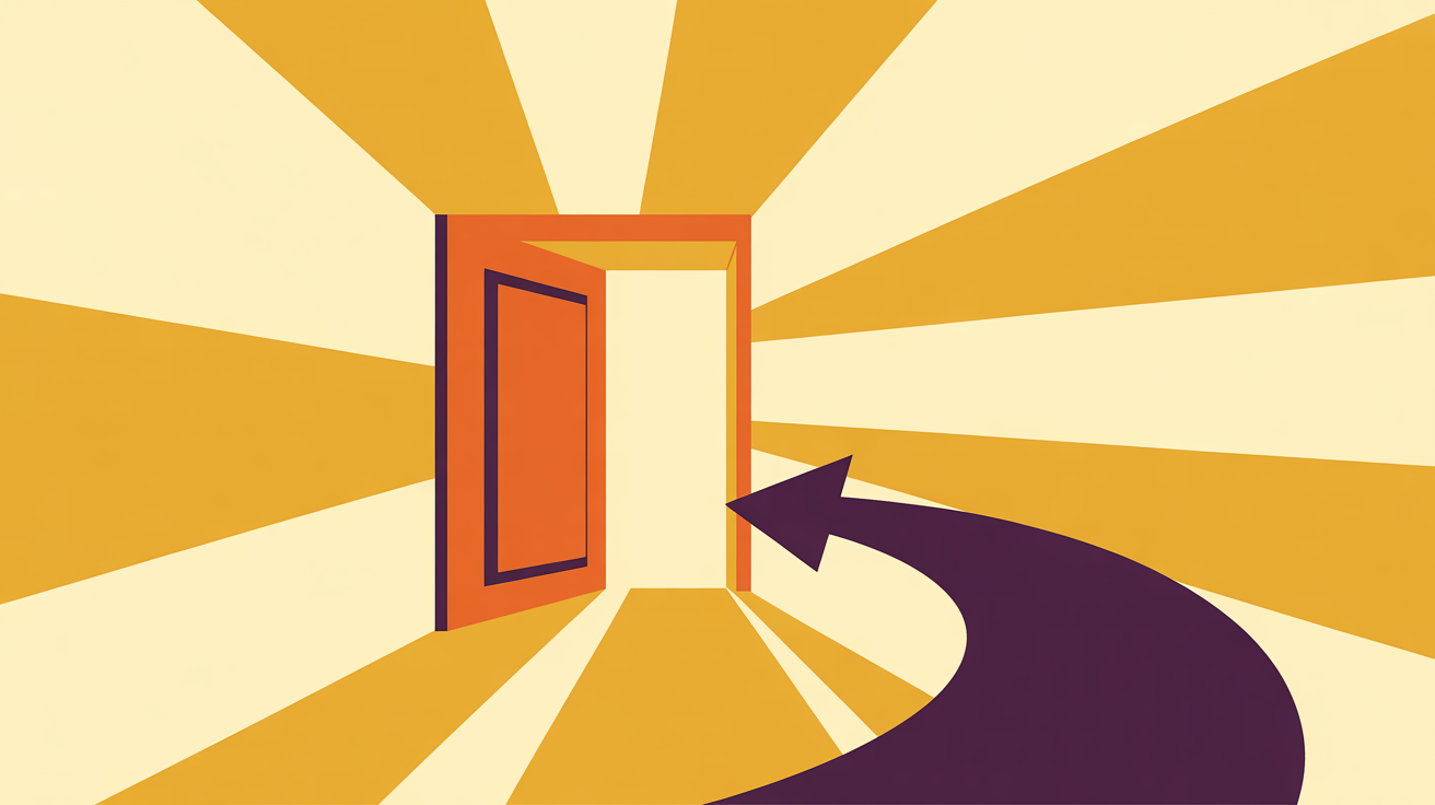 Retro illustration of an open door with a welcome back mat representing lapsed member win-back campaigns