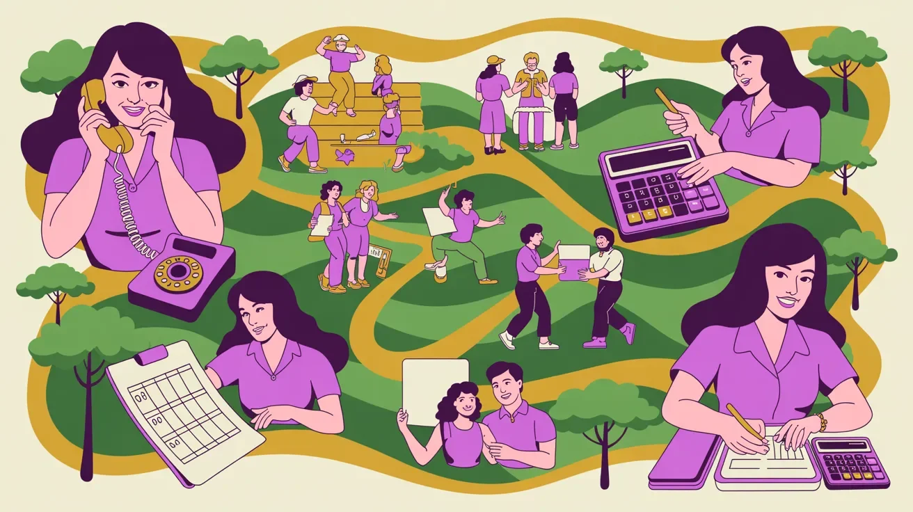 Retro illustration of nonprofit event planner handling multiple responsibilities with team benefiting