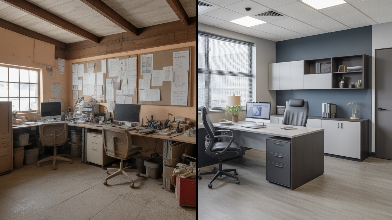 Comparison between poorly designed contractor website versus professional construction company website showing dramatic difference in credibility and user experience