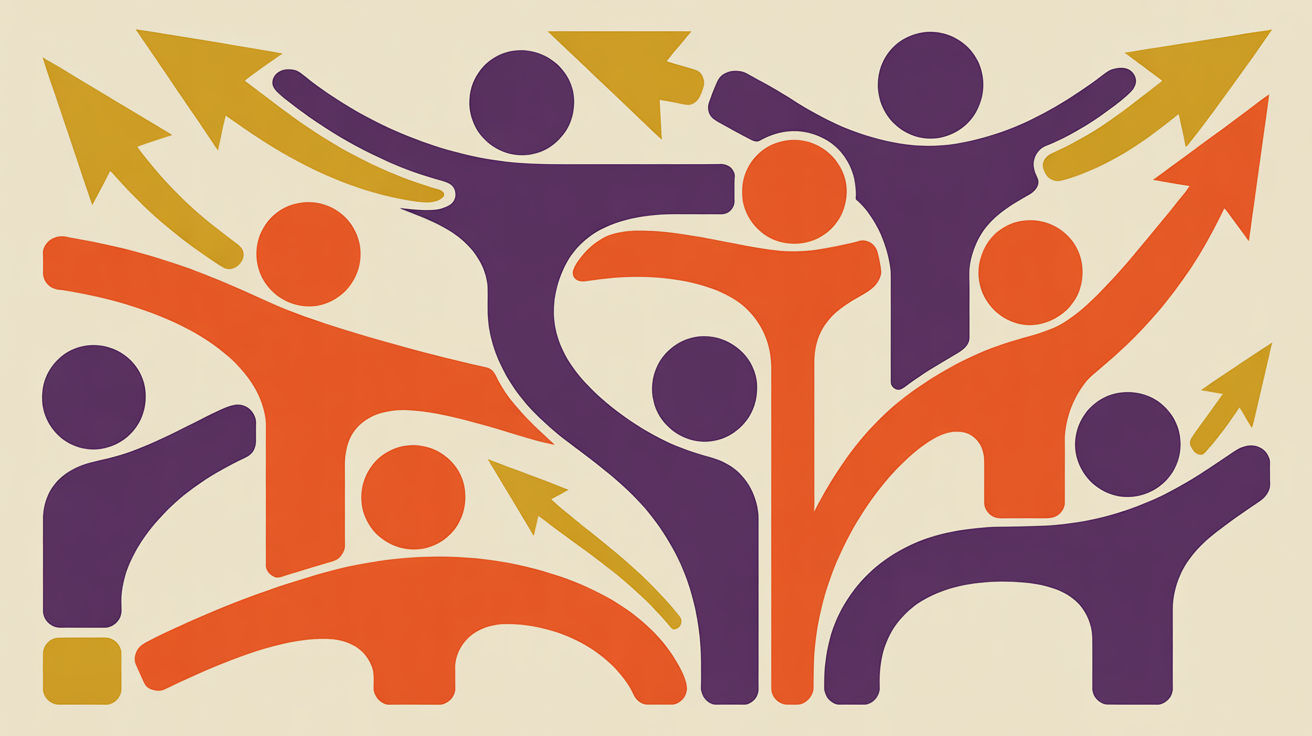 Retro illustration of connected figures in a growing network representing member retention and association community building