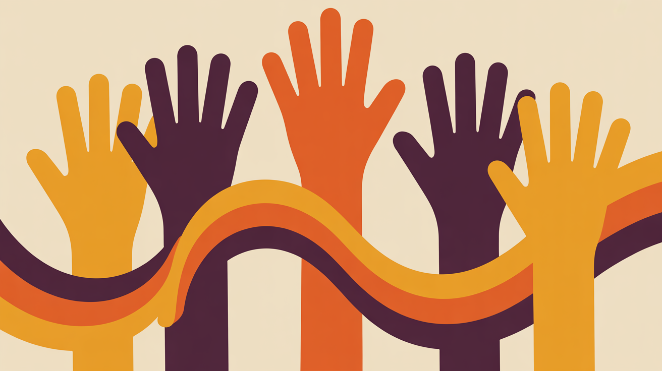 Retro illustration of raised hands reaching upward representing volunteer recruitment and community engagement for nonprofits