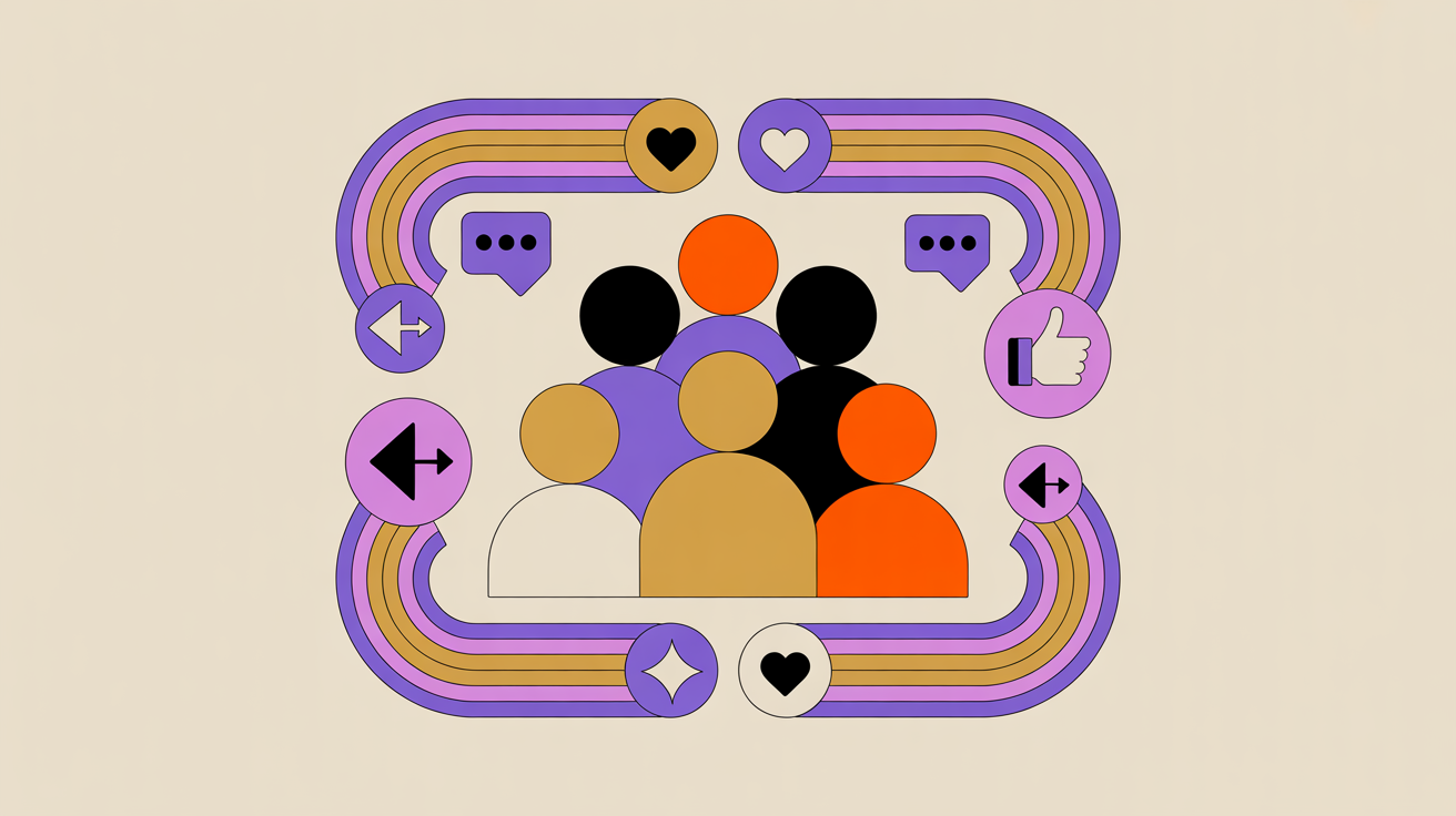 Retro illustration of connected social media icons surrounding an association community representing social media strategy for member engagement