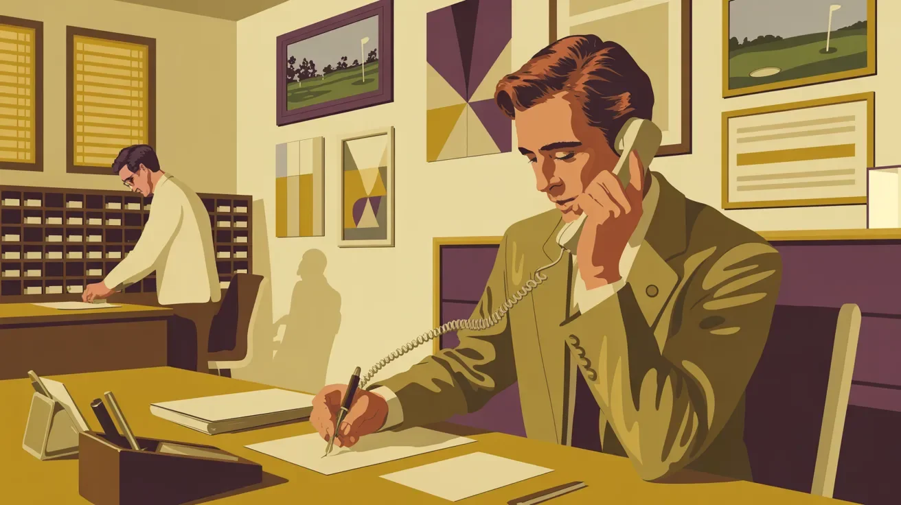 Retro illustration of corporate team following up after golf outing with calls, notes, and relationship tracking