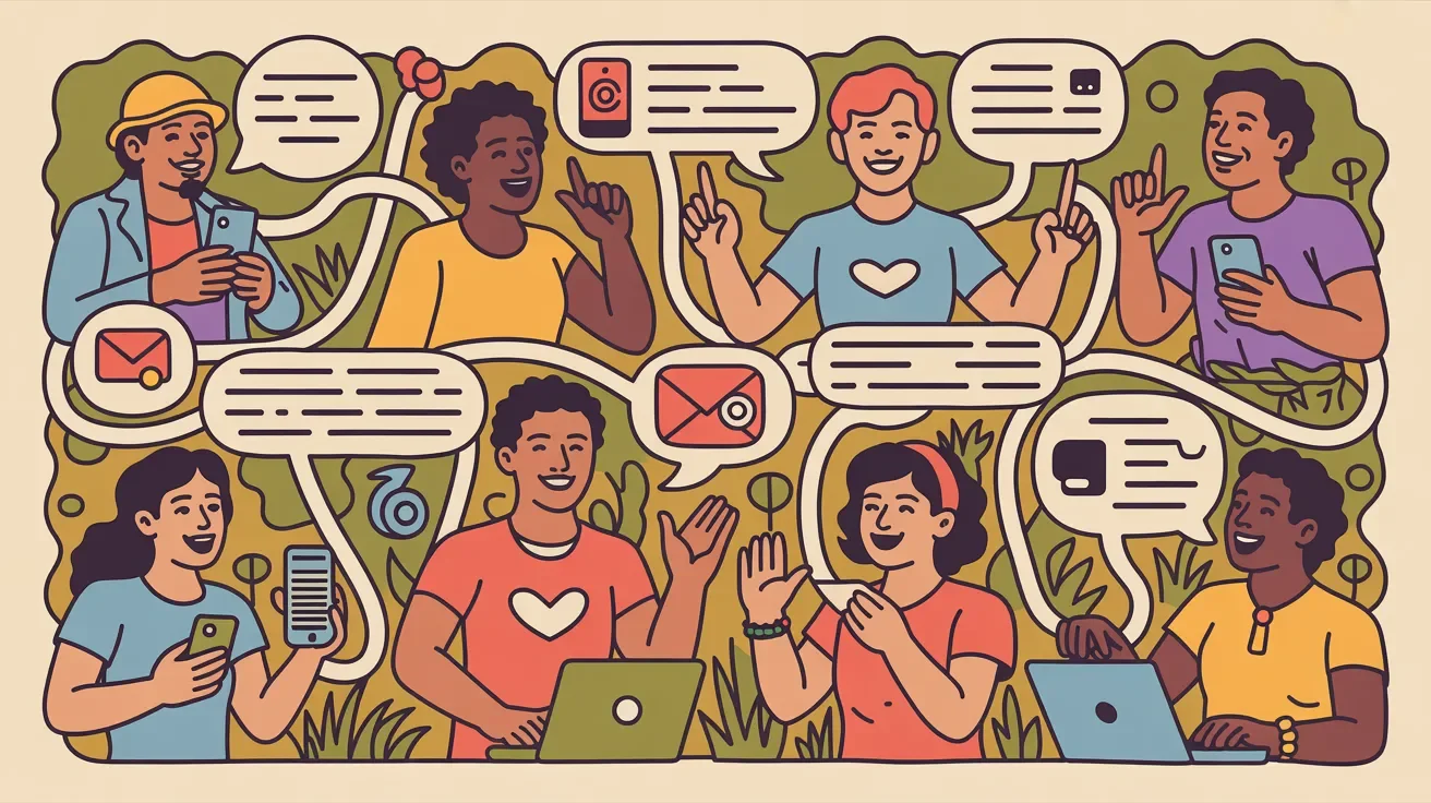 Retro illustration of grassroots nonprofit event promotion through word of mouth and community connections