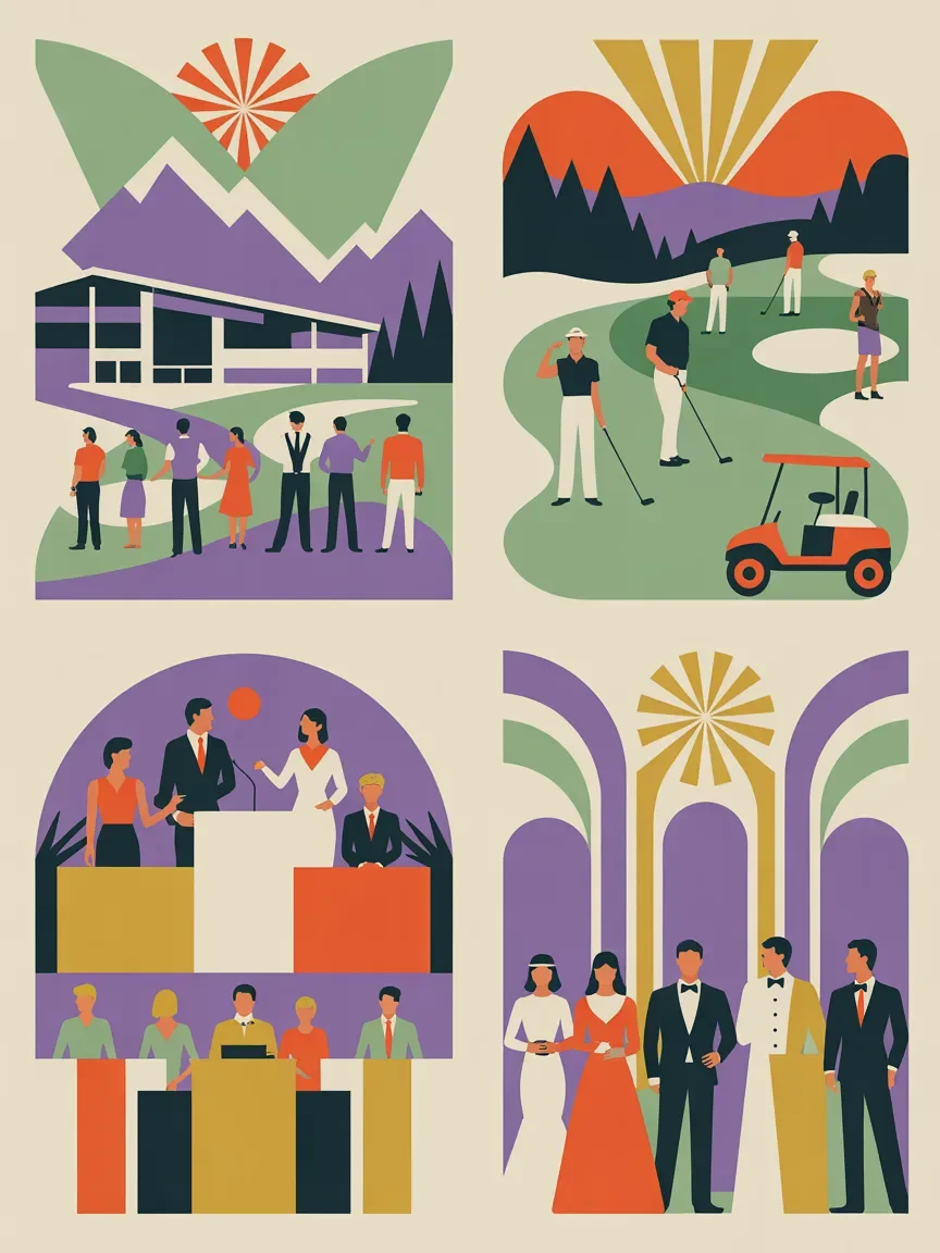 Retro illustration showing variety of event types including retreats, golf, conferences, and galas