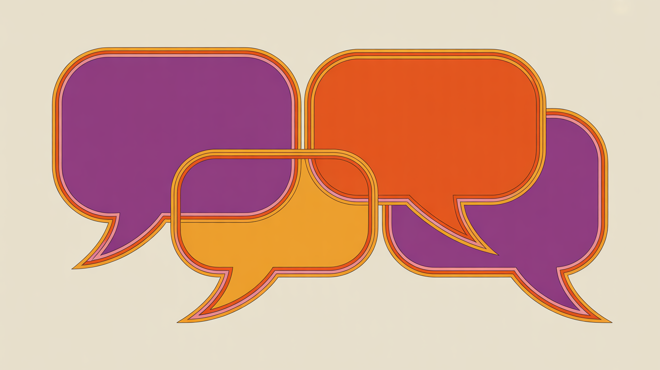 Retro illustration of connected speech bubbles representing ongoing year-round sponsor communication