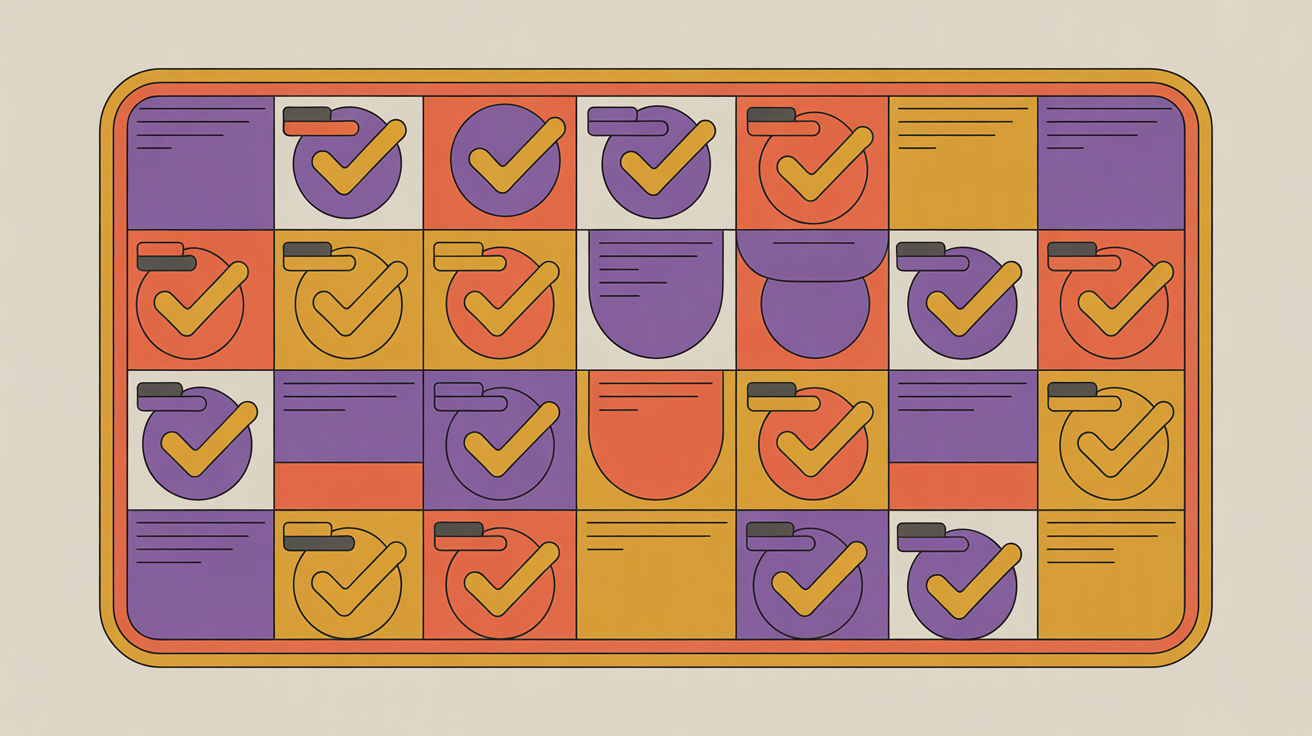 Retro illustration of a planning calendar with content themes representing organized social media scheduling