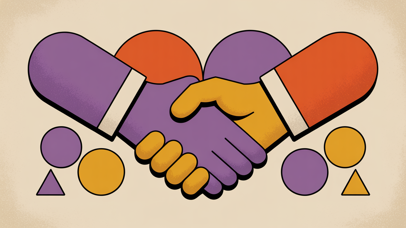 Retro illustration of a handshake between a nonprofit heart symbol and a corporate building representing corporate volunteer partnerships