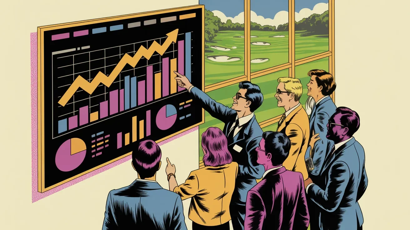 Retro illustration of corporate leadership measuring golf outing ROI with positive relationship metrics