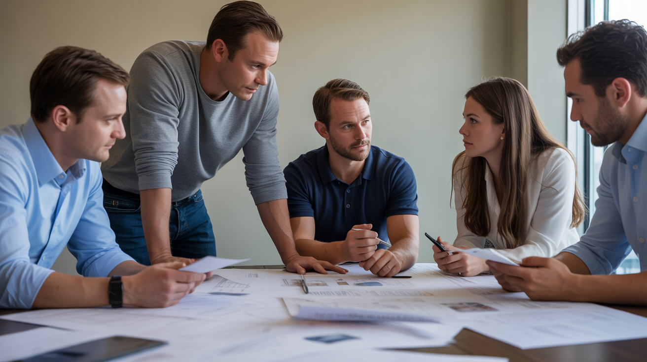 General contractor strategic planning meeting showing competitive market analysis and advanced SEO strategy development for construction industry leadership
