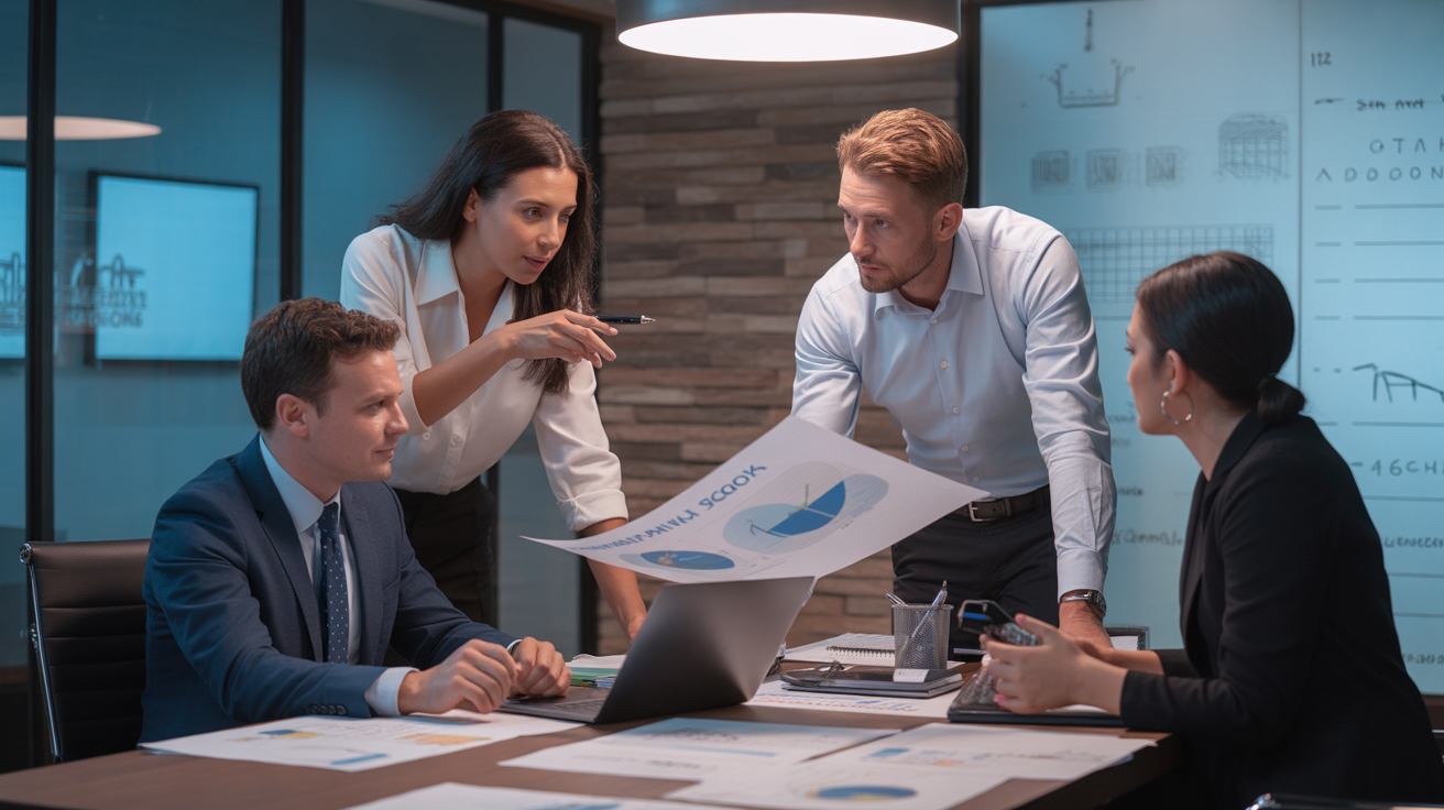 Construction company strategic planning meeting with marketing consultants showing advanced SEO strategy development and competitive analysis