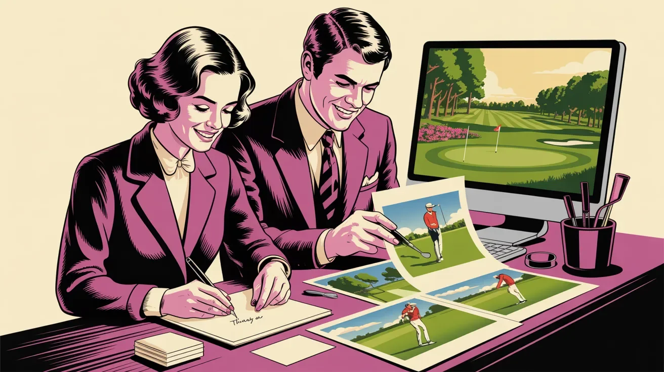 Retro illustration of post-golf outing follow-up with thank you notes, photos, and sponsor reports