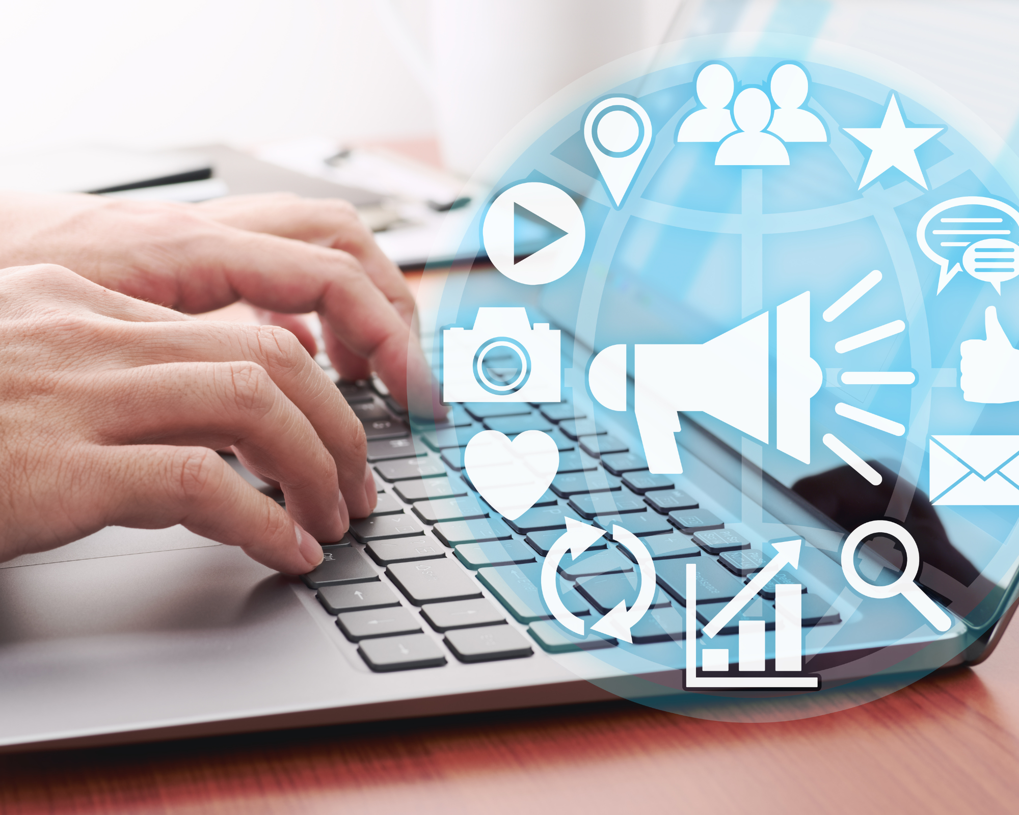Close-up of hands typing on a laptop keyboard with digital icons and symbols overlayed, including a play button, people, star, speech bubbles, camera, and chart, representing digital communication and technology.