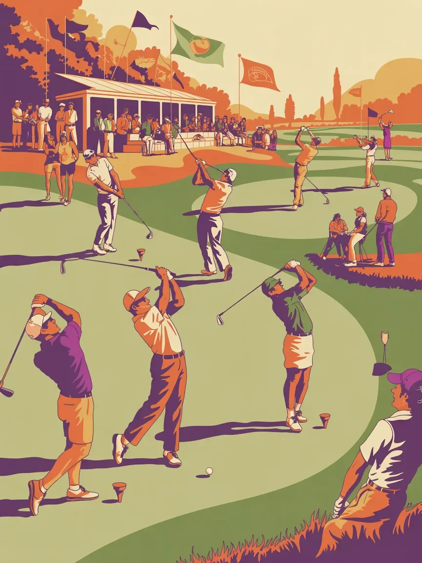 Retro illustration of diverse golfers at tournament with sponsor recognition and networking energy