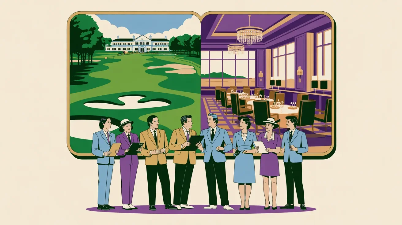 Retro illustration of corporate planners evaluating golf course for business event considering amenities