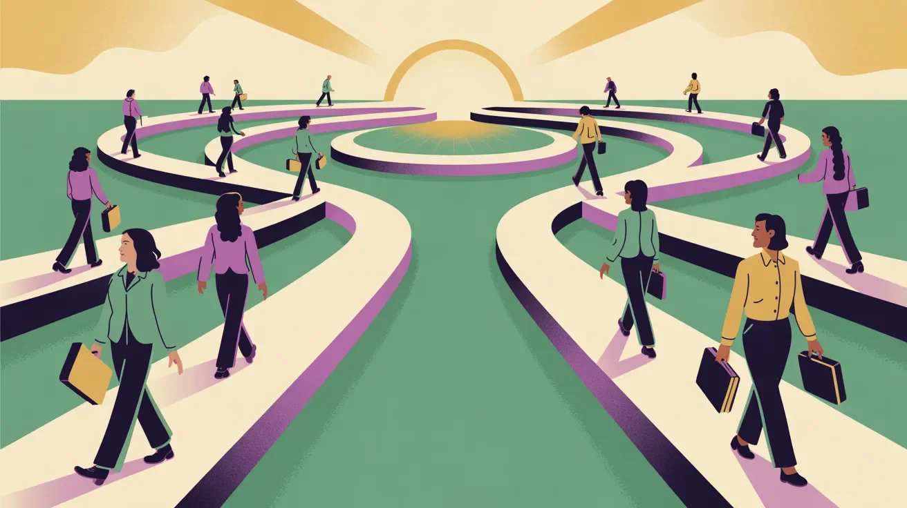 Retro illustration of association event purposes mapped to membership goals with diverse members on pathways