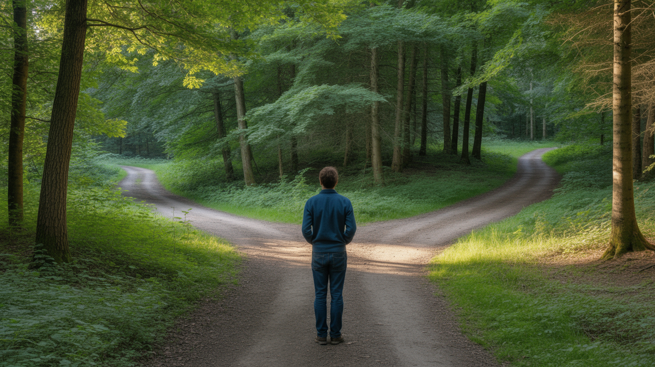 Peaceful forest path fork representing thoughtful decision-making between marketing service options