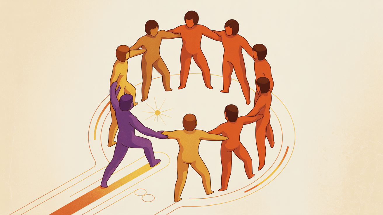 Retro illustration of a circle of connected supporters representing internal volunteer recruitment from existing donors