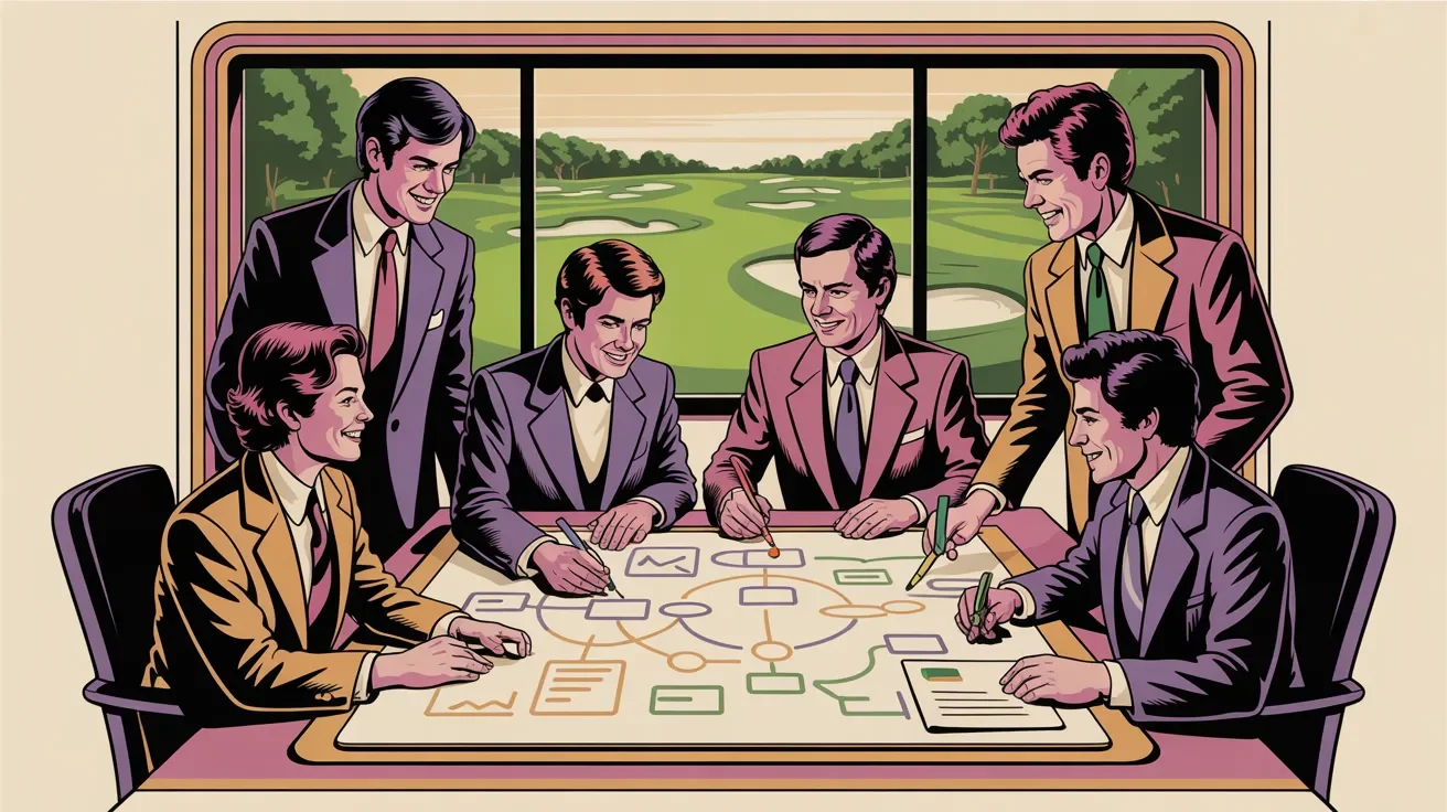 Retro illustration of corporate team mapping golf outing business objectives with goals and outcomes