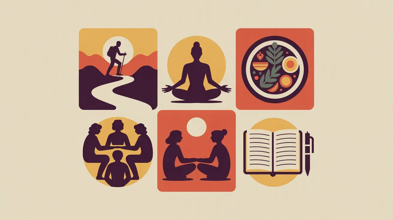 Retro illustration grid of wellness retreat activities including hiking, meditation, healthy dining, group conversation, and journaling