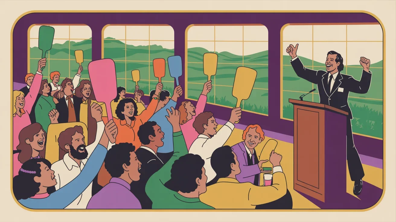 Retro illustration of emotional paddle raise moment with diverse donors raising paddles and giving levels displayed