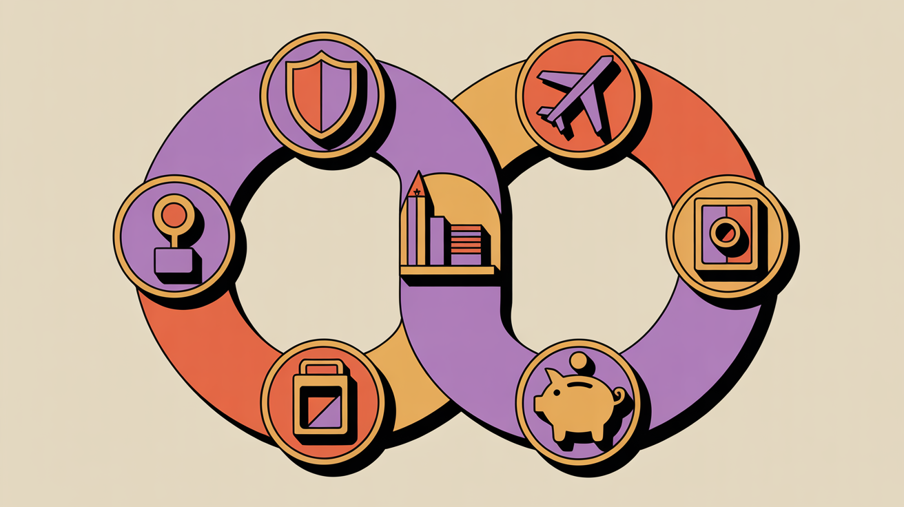 Retro illustration of connected benefit icons representing affinity program partnerships for associations