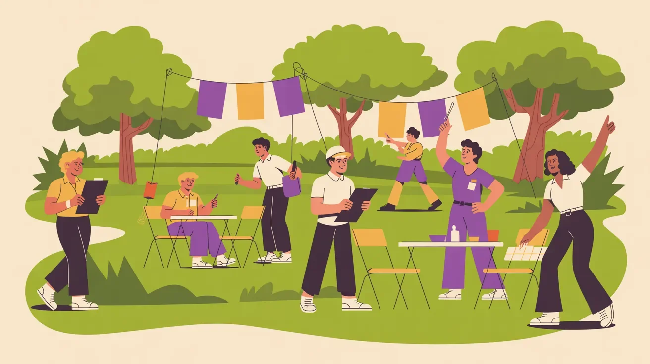 Retro illustration of confident diverse nonprofit team successfully managing their own event setup