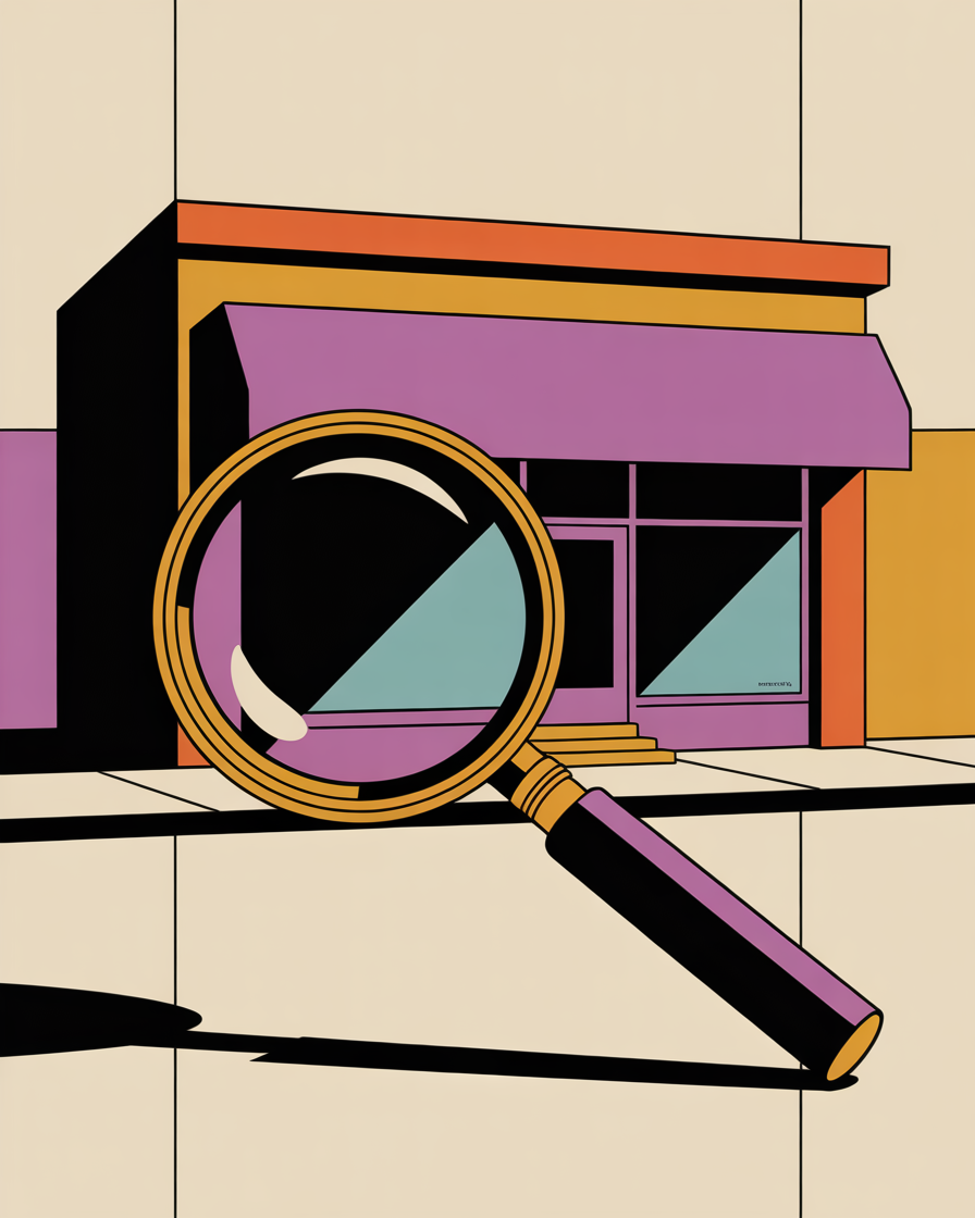 Retro storefront with magnifying glass illustration representing affordable seo for small business