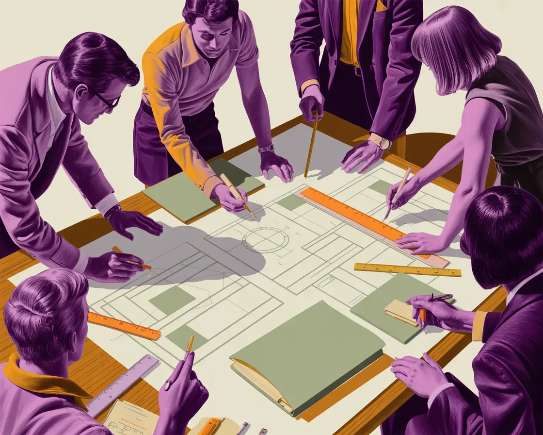 Retro illustration of event strategy and planning session with diverse team and planning documents