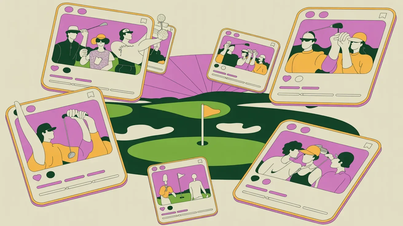 Retro illustration of golf outing social media promotion with diverse audience engaging across platforms