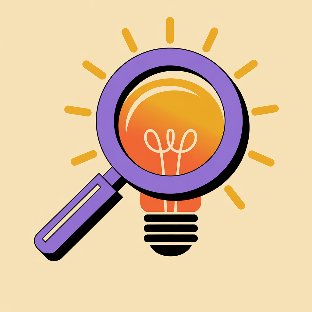 Retro magnifying glass and lightbulb illustration representing graphic design discovery process