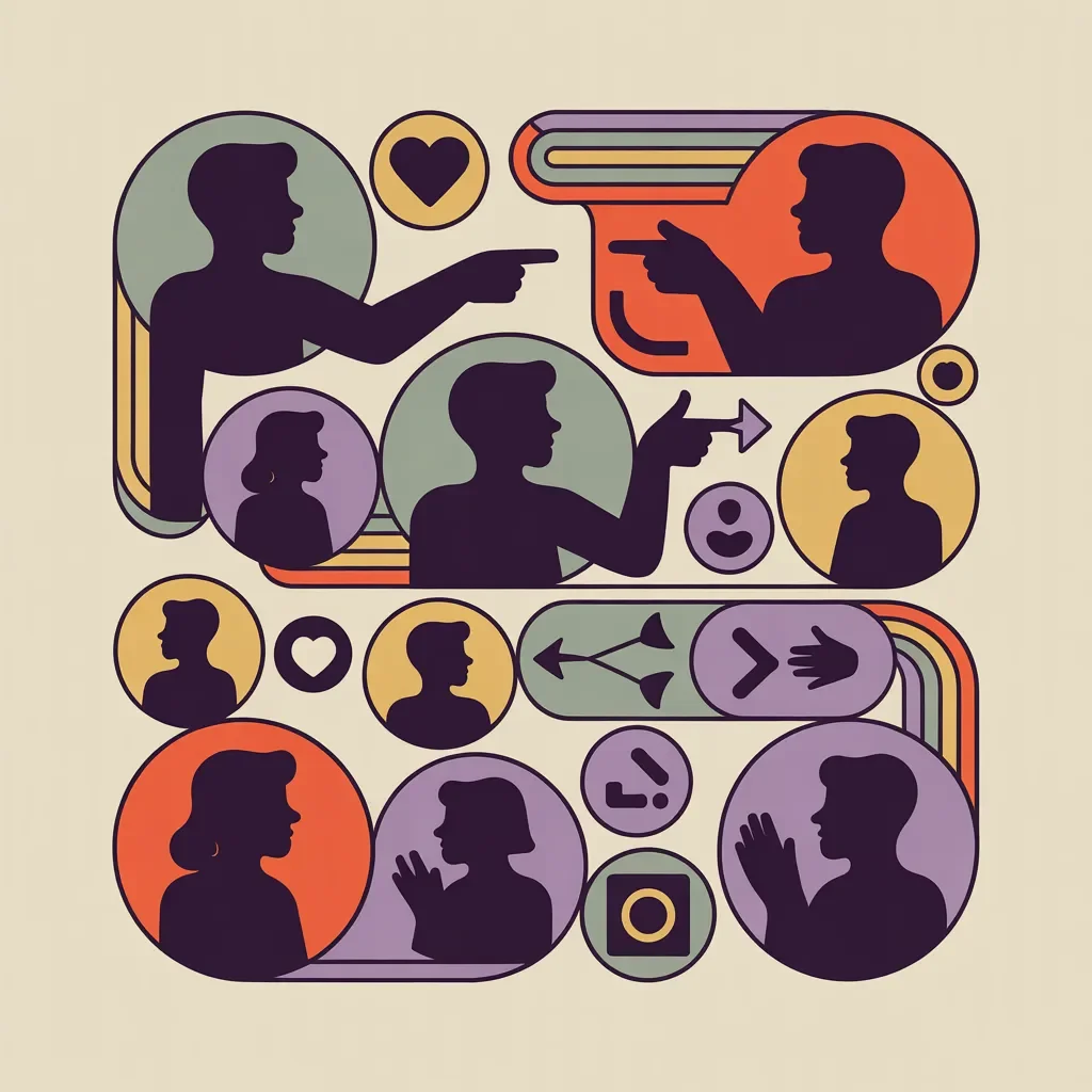 Retro illustration of social media engagement with connected community and diverse audience interacting