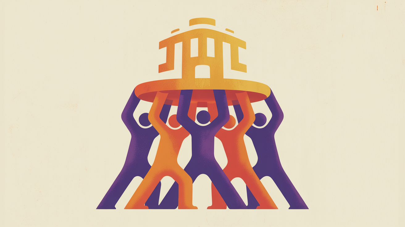 Retro illustration of a nonprofit organization supported by volunteer figures representing the importance of volunteer recruitment