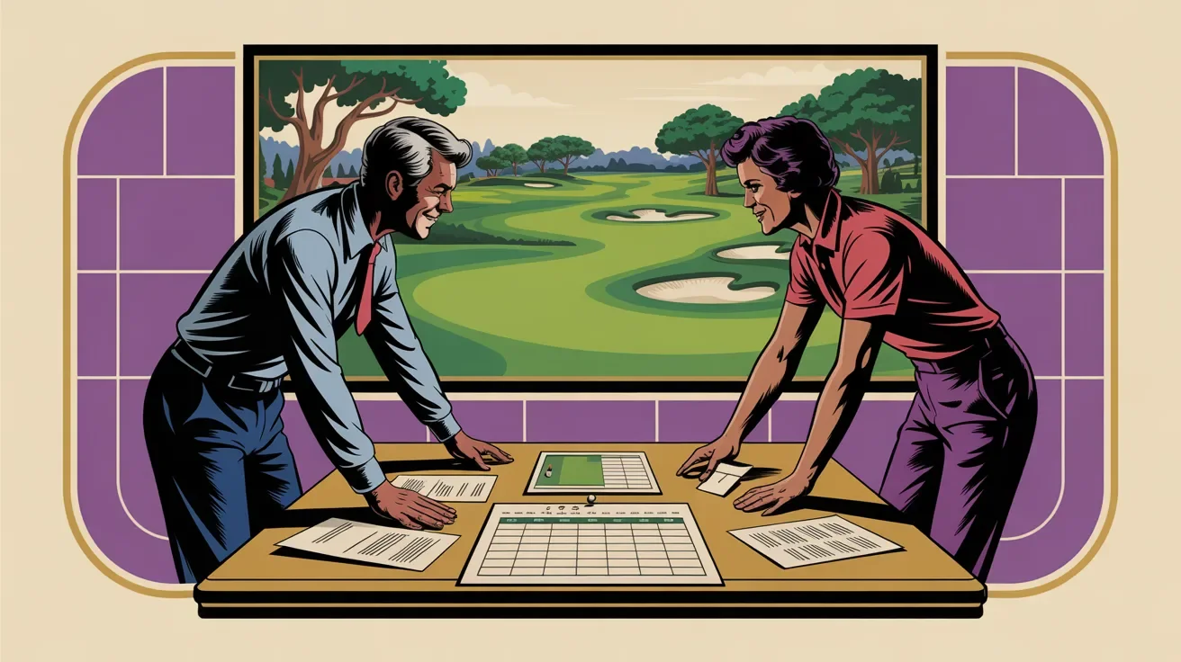 Retro illustration of event planner and course manager selecting golf course with layout visible