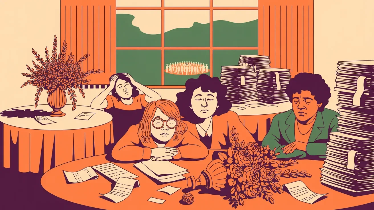 Retro illustration of exhausted nonprofit team after overproduced gala contrasted with simple effective event