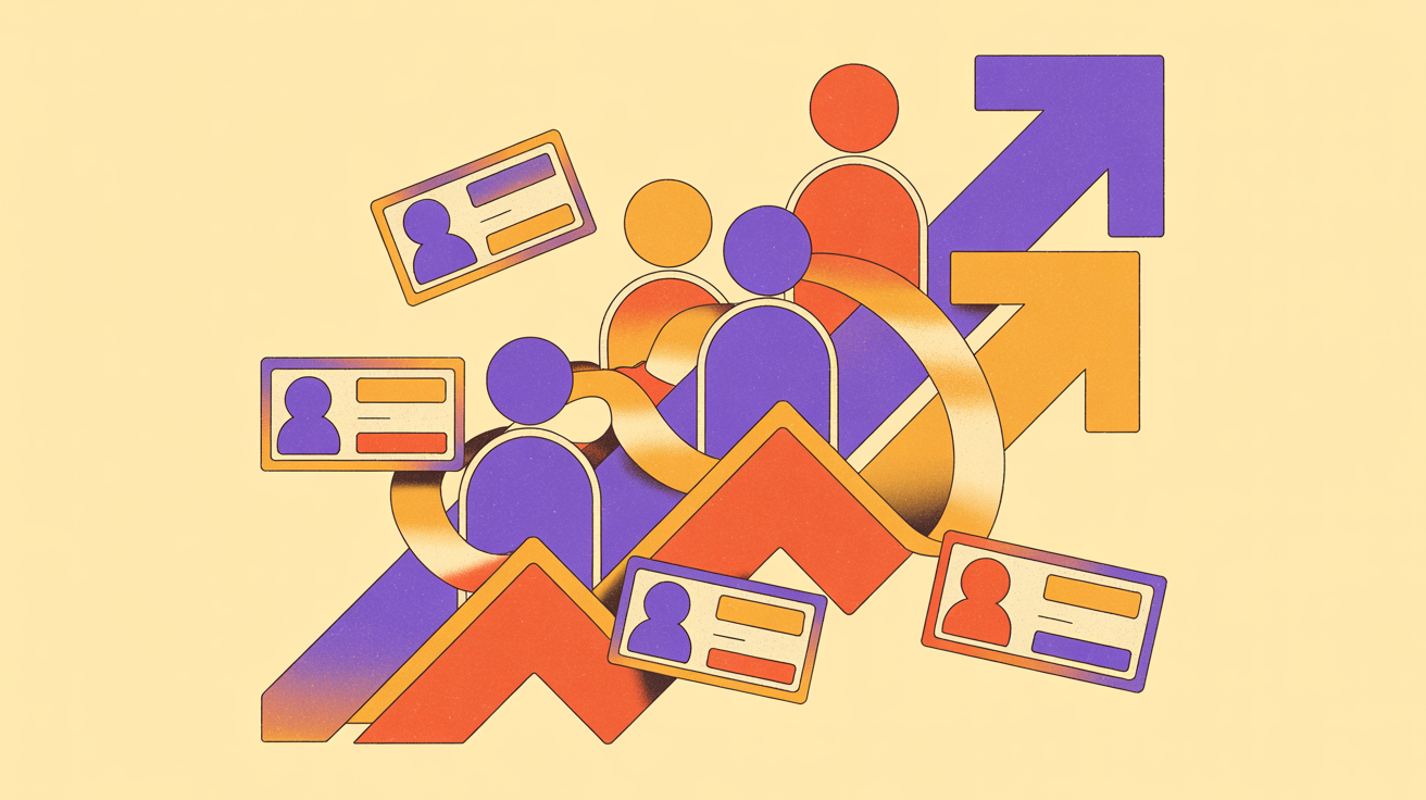 Retro illustration of membership growth chart with connected member icons representing successful membership marketing strategies