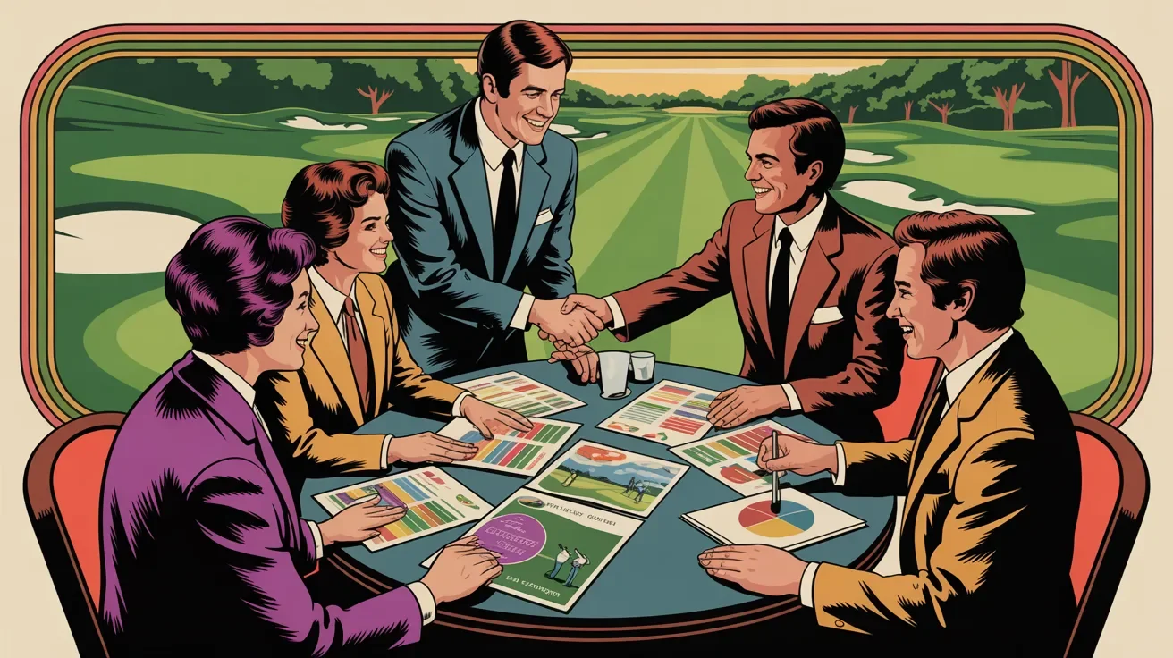 Retro illustration of professional golf outing sponsorship recruitment with business leaders reviewing benefits