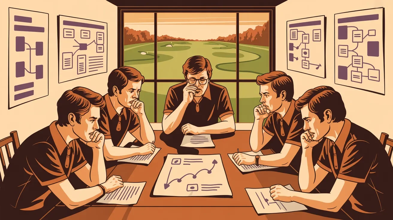 Retro illustration of nonprofit team evaluating whether to continue charity golf tournament with alternatives emerging